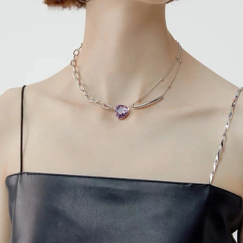 

Punk Style Purple Crystal Love Heart Choker Necklace for Women 2021 Silver Color Chain Collar Necklaces Elegant Jewelry
