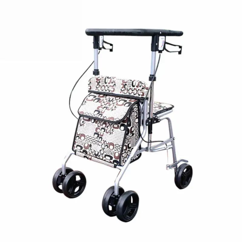 Four Wheel Seniors Roller Walker With Seat & Brake, Lightweight Foldable Elderly Wheelchair, Portable The Aged Stroller