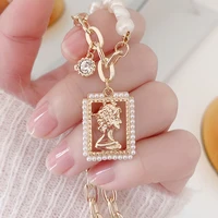 hot design retro portrait imitation pearls necklace for women charm plated 3 layers 14k plated gold jewelry accessories pendant