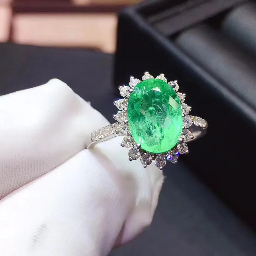 

Women's New Ring Natural Emerald Ring 925 Silver Simple Design Fresh and Lovely Style 2021 Hot Sale