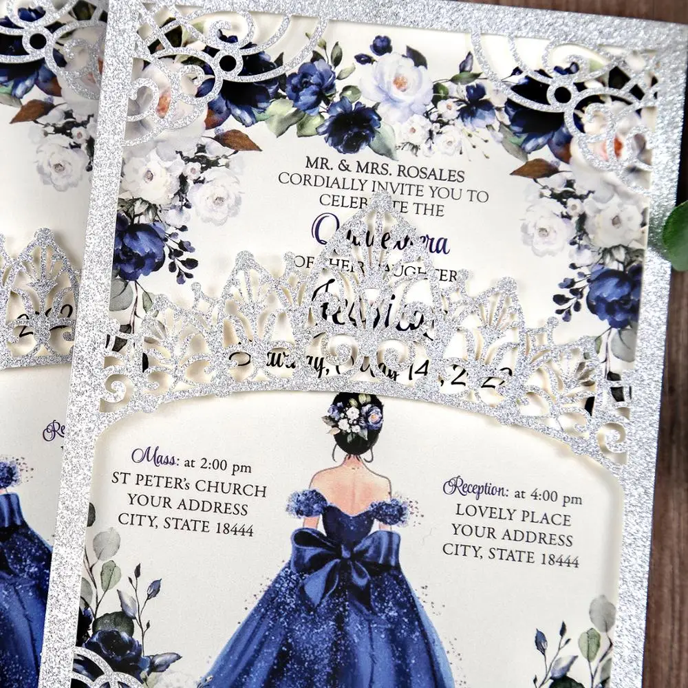 

100pcs Silver Luxury Shining Wedding Invitations Cards Laser Cut Pocket for Wedding/Quinceanera/Birthday