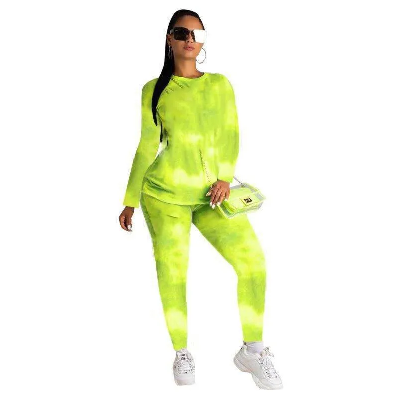 

Autumn Spring Women Tie-Dye Print Clothes Set Long Sleeve Round Neck Long Sleeve T-Shirt and Trousers Women Tracksuit Sport Suit
