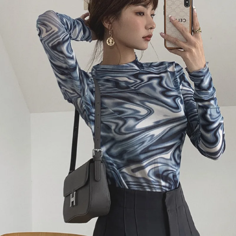 

Tie Dye Blue Mesh Top Long Sleeve T Shirt Women Turtleneck See Through Tshirt Designer Y2k Fashion 2021 Spring Autumn D252