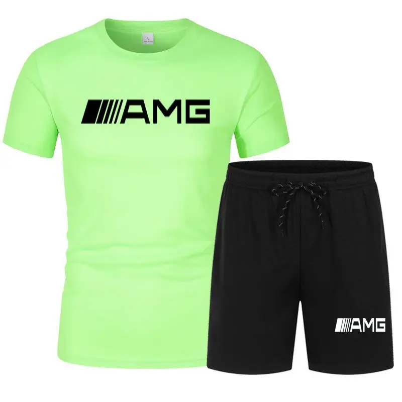 

2021New T-shirt 2 Pieces Sets Tracksuit AMG Printing Men Short Sleeves+Shorts Pullover Sportwear Suit Casual Sports Men Clothes