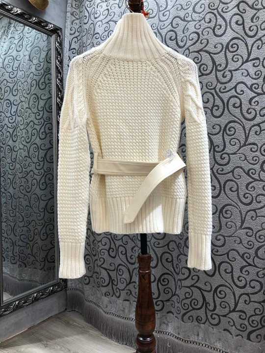 

Autumn / winter 2020 new women's fashion high collar buckle belt waist trim solid color long sleeve sweater 1110
