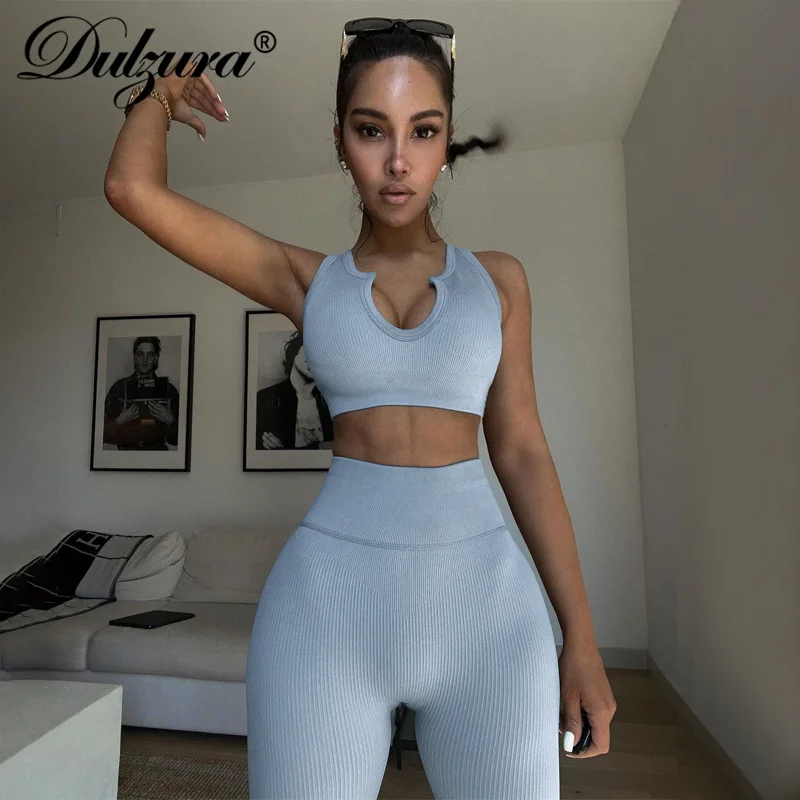 

Dulzura Ribbed Knitted Women Two Piece Set Gym Crop Top Tanks Leggings Sporty Casual Tracksuit Streetwear 2021 Summer Outfit