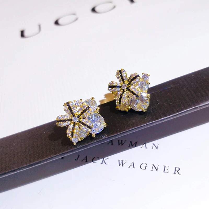

New Fashion Fine 14K Real Gold Crystal Little Flowers Earrings for Women High Quality Jewelry AAA Zircon S925 Silver Needle Gift