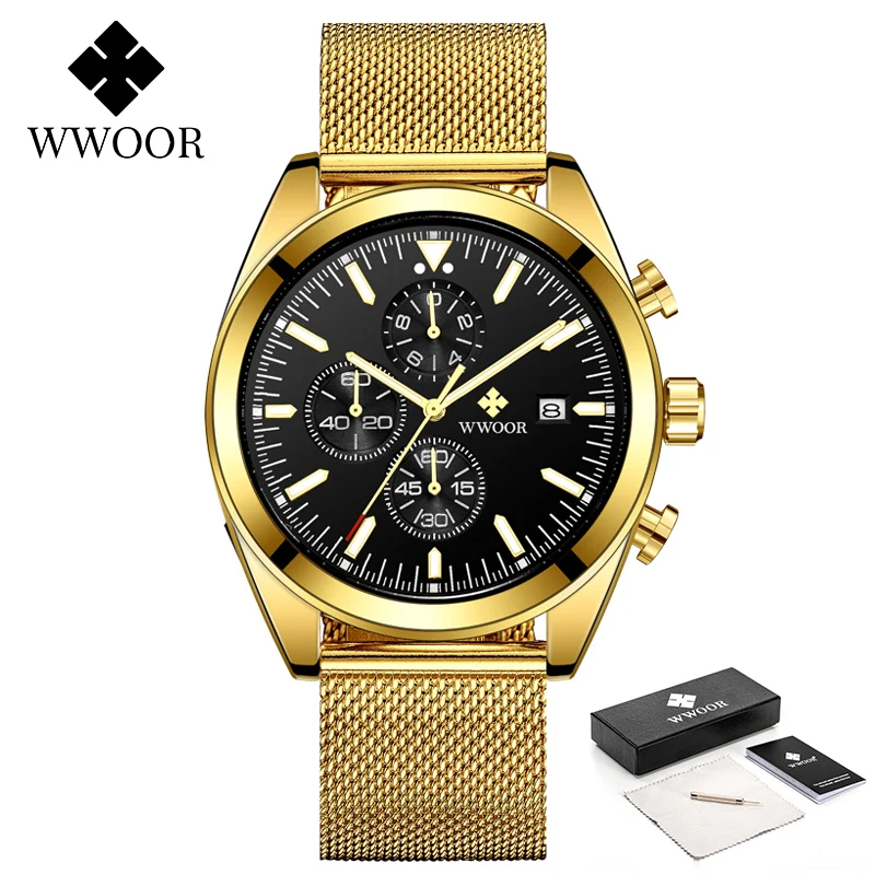 

WWOOR Gold Watch For Men Top Brand Luxury Fashion Steel Waterproof Chronograph Clock Luminous Quartz Wristwatch Relogio Masculin