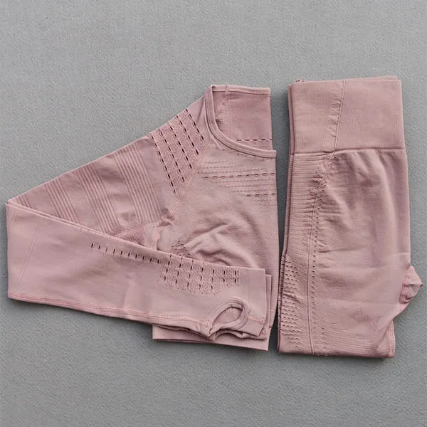 Pink 2pcs set Женский бесшовный Набор для йоги, одежда для тренировок, Топ с длинным рукавом для фитнеса+ леггинсы с высокой талией, леггинсы, 2 предмета, спортивные костюмы - Цвет: Pink 2pcs set
