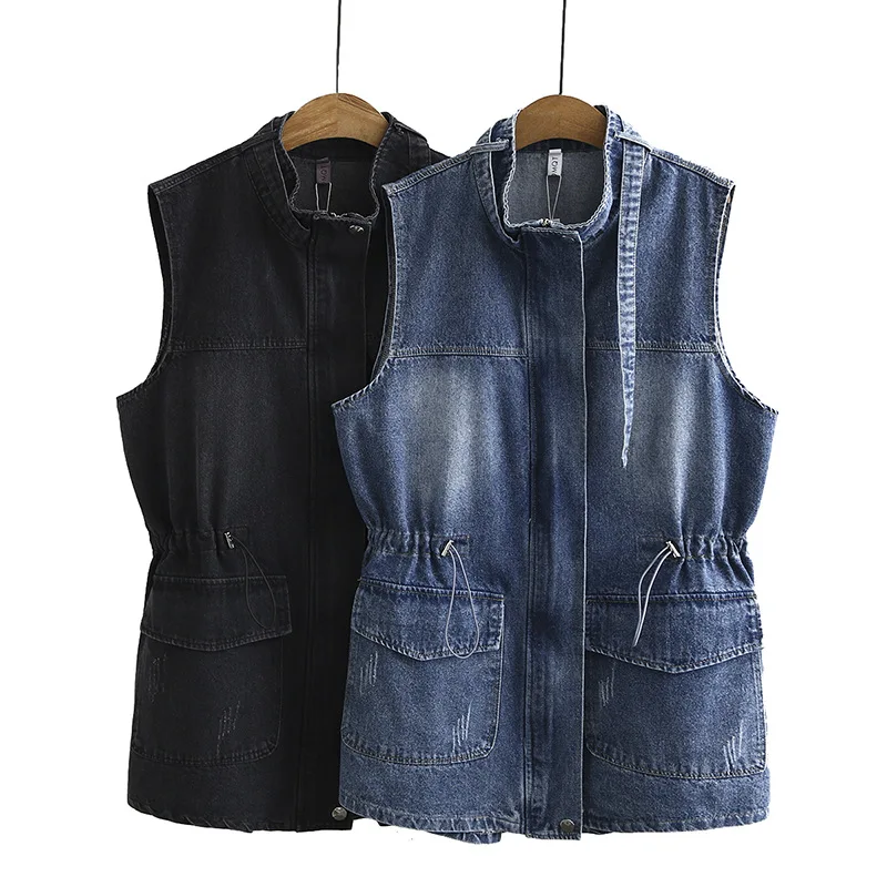 

New 2020 ladies autumn winter plus size long vest tops for women large sleeveless loose pocket blue belt denim coat 3XL 4XL 5XL