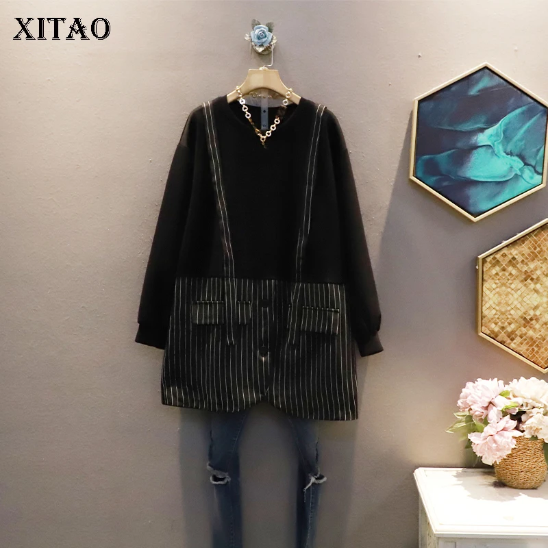 

XITAO, осенне-зимняя новая футболка, Модный Полосатый комбинированный Свободный пуловер из двух частей, уличная мода, все-март, для женщин GWJ1508