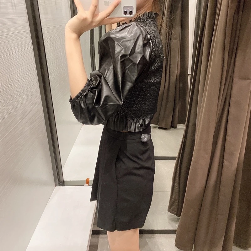 

YOSIBCD Women Fashion Faux Leather Elastic Smocked Cropped Blouses Vintage Three Quarter Sleeve Ruffled Female Shirts Chic Tops