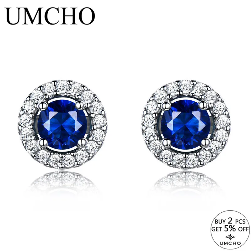 UMCHO, настоящее 925 пробы, серебряные ювелирные изделия, Круглый, насыщенный цвет, нано-сапфир, серьги-гвоздики, драгоценный камень, роскошный подарок для невесты для женщин