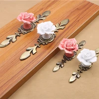 1pcs rose flower pink white ceramic alloy base door handles kitchen cupboard closet drawer cabinet knobs single hole handle knob
