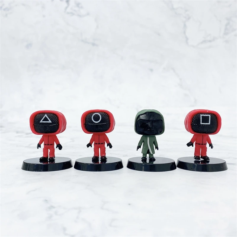 

4pcs/set Korea TV Squid Game Round Six Movie Anime Figure Toys Masked Man Dolls Hand-made Vinyl Action Figure Car Decoration