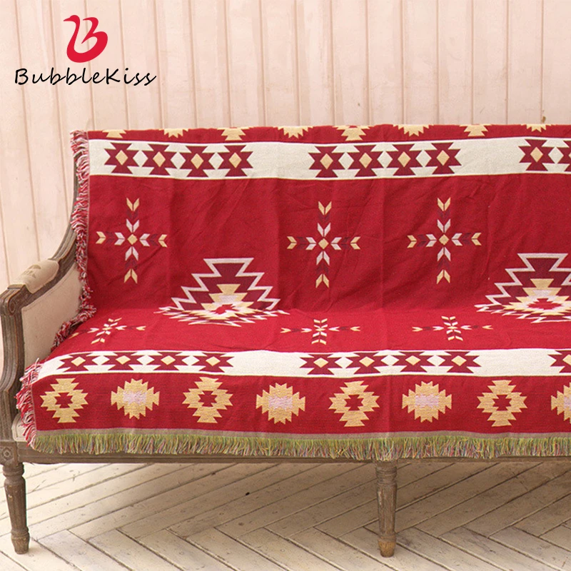 

Bubble Kiss Red Beige Double Sided Use Blankets for Bed Four Seasons Sofa Geometric Pattern Knitted Throw Thread Sofa Blanket