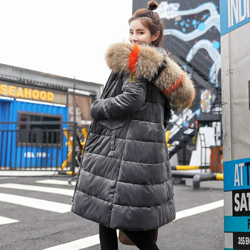 

Cotton women 2019 winter new thick long section gold velvet cotton coat large fur collar hooded Slim
