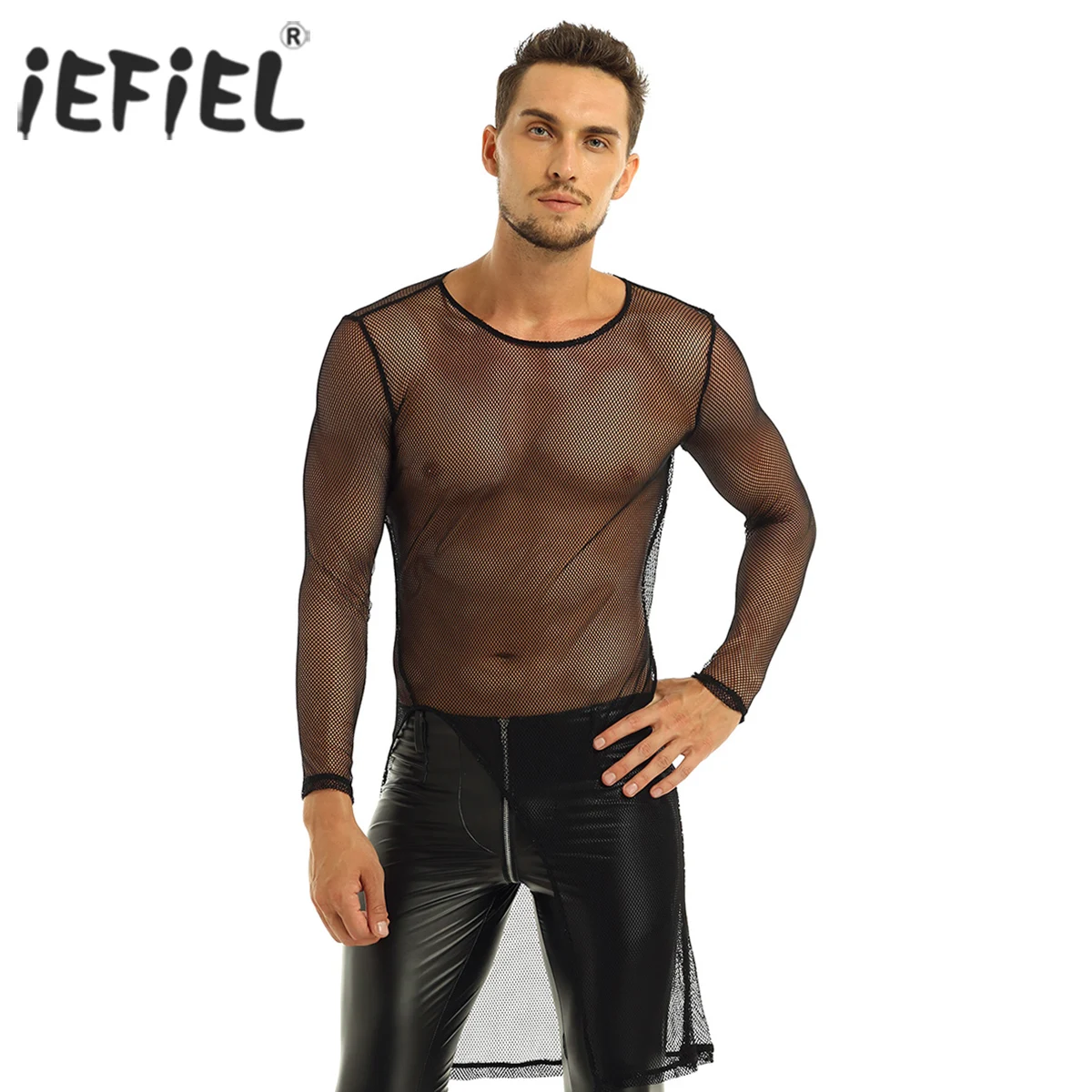 IEFiEL модный мужской сетчатый топ с длинными рукавами и вырезом лодочкой сетчатая
