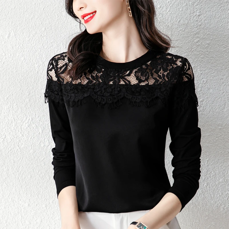 

Female High-End Lady Women's Knit 2021 Autumn Winter New Hollow Out Lace Versatile Long Sleeve Shirt Blouse Elegant MTW600163
