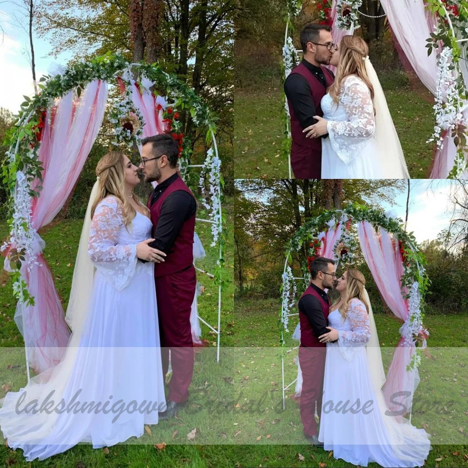 

Lakshmigown Plus Size Bohemian Wedding Dresses Lace Long Sleeve A Line Sexy Wedding Dress for Bridal V Neck Robe De Mariee 2019