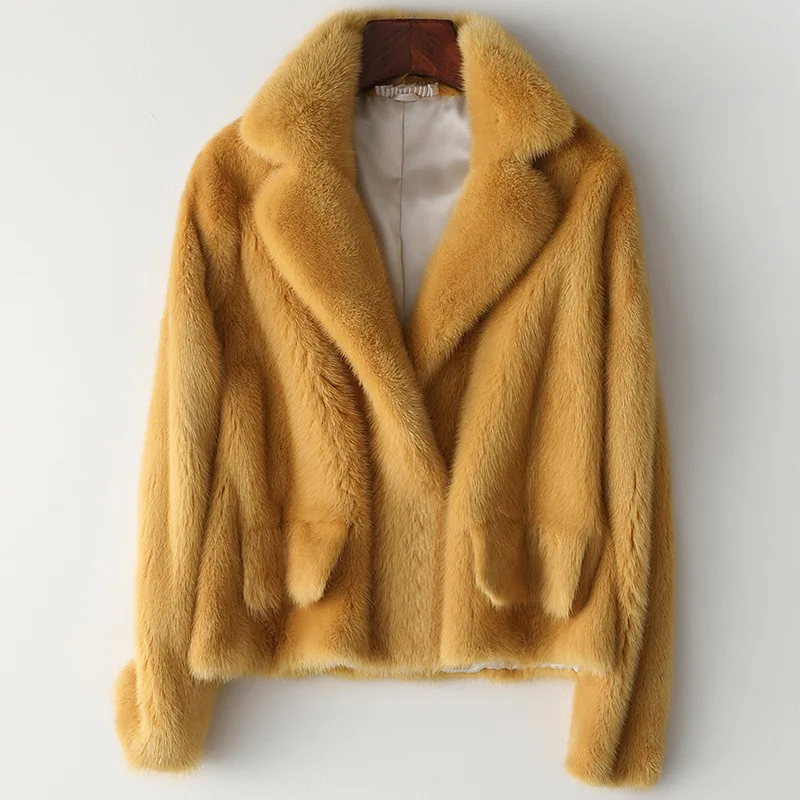 High Quality White Whole Mink Fur Coat Casual Female  Windproof Jacket Slim Solid Color Silk Liner Outwear Winter Yellow Wear