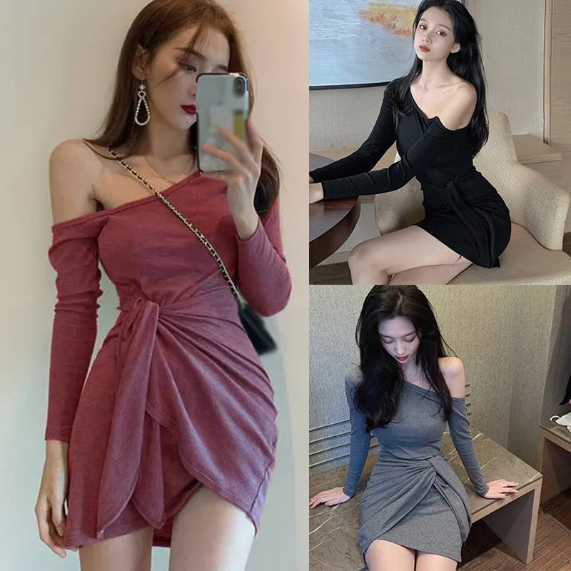 

Woman Dress Liva Girl Solid Color Dresses Slanted Shoulders Exposed Clavicle Sexy Slim Straps Vestidos One Size Autumn New