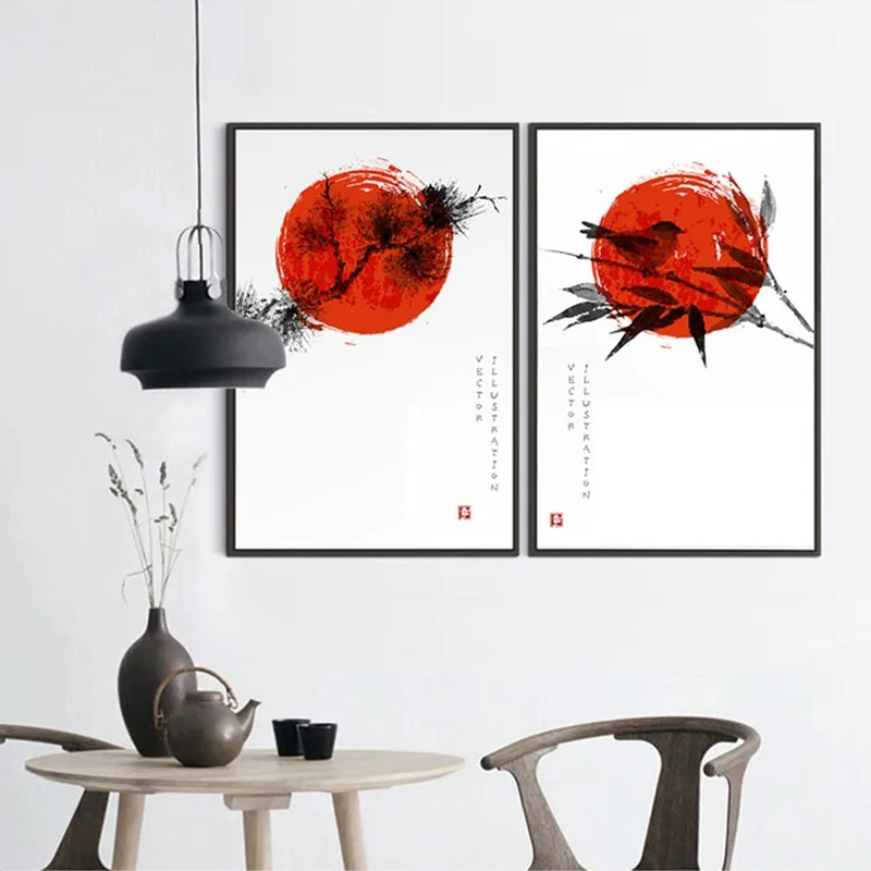 Картина с красными ветками дерева листьями птицами холст Постер и печать