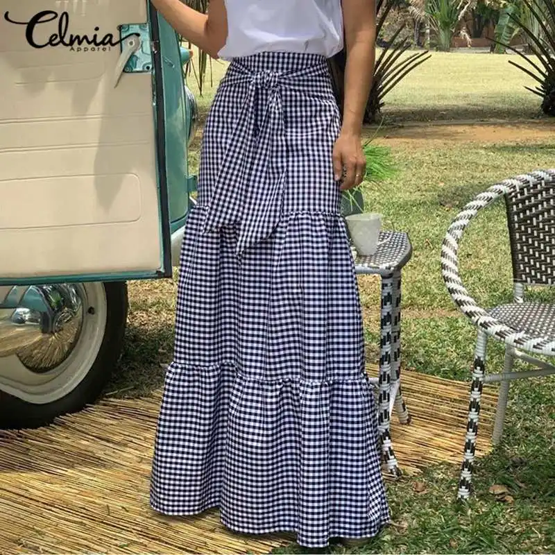 

Women Pleated Stitching Maxi Skirts Celmia Vintage Plaid High Waist Long Skirts 2021 Fashion Belted Faldas Casual Loose Jupes