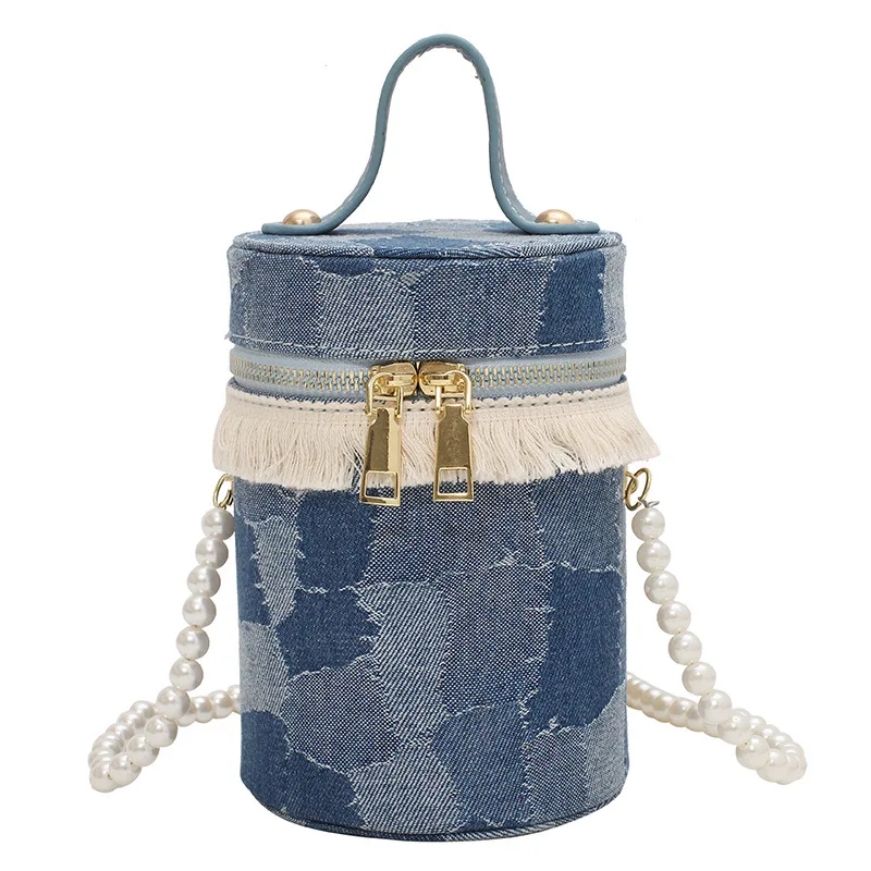 

High Quality Popular Denim Handbag 2021 New Ladies Tassel Bucket Bag Korean Version of The Net Red Fashion Pearl Messenger Bag