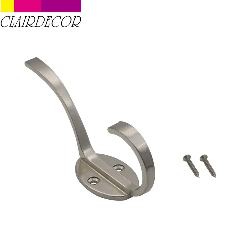 Satin Nickel Крючок для одежды, сверхпрочные Крючки для пальто, настенные крючки для шляп, оборудование, двойной зубец, ретро вешалка для пальто с 2 винтами - Цвет: Satin Nickel