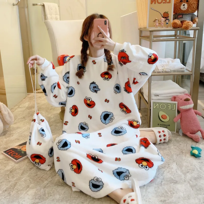 Long Women Nightgowns Winter Velvet Dress Sleepwear Thick Nighties Cute Homewear Flannel Pajamas Strawberry Duck Avocado