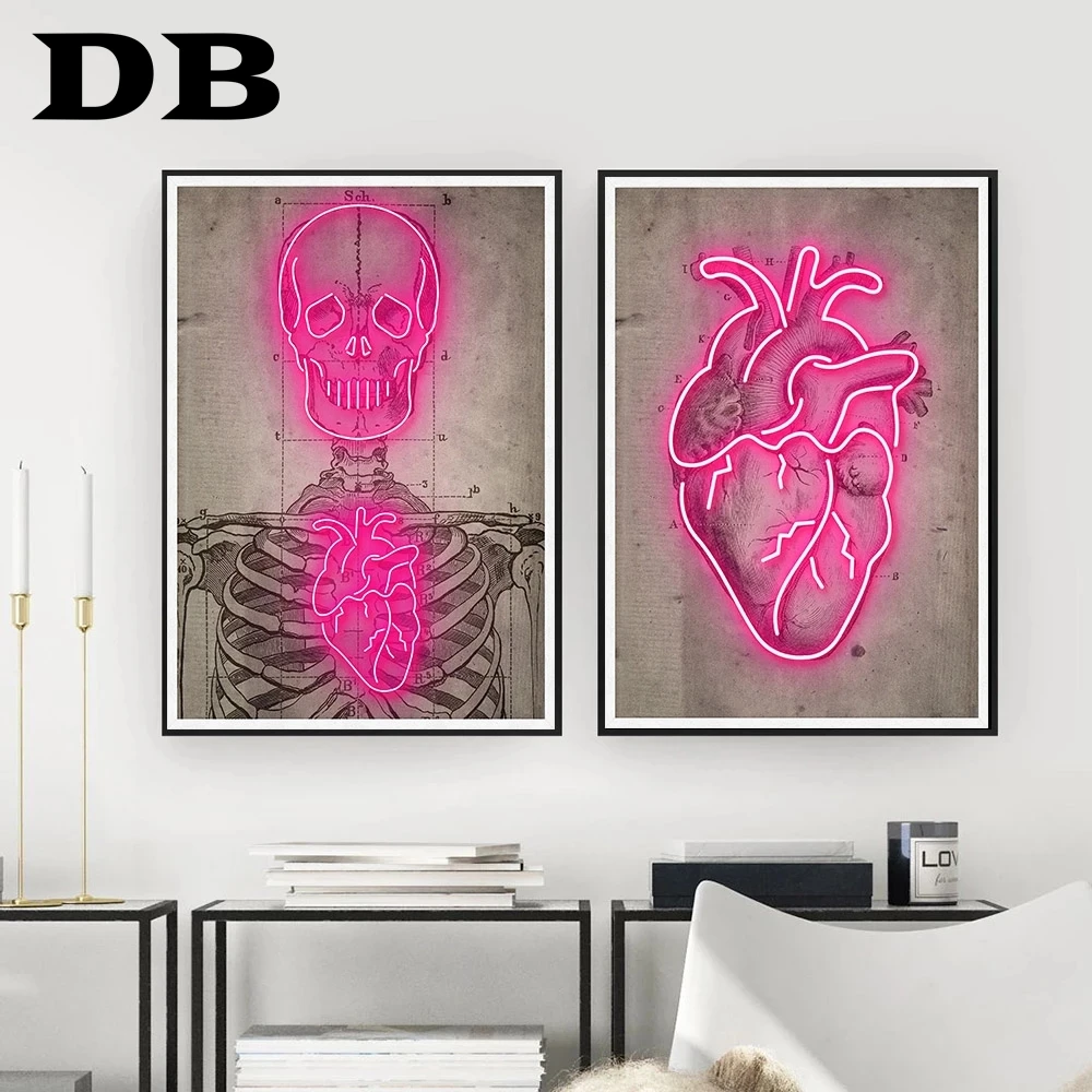 

Nordic Neon Heart Skeleton Vintage Picture Wall Art Canvas Painting Posters And Prints Mural For Living Room Bar Home Decoration