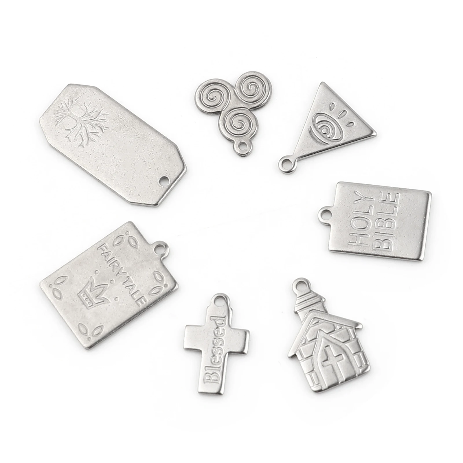 

Religious Series Silver Stainless Steel Charm for Jewelry Making Carved Cross/Life Tree/Eye/Fairy Tale New Necklace Pendant-5pcs