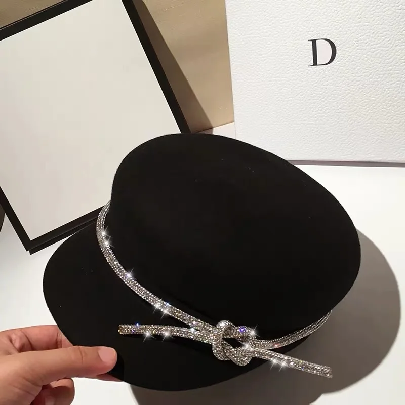 

202012-zhouqi new winter wool soft rhinestone chain bowknot leisure lady Octagonal hat women visors cap