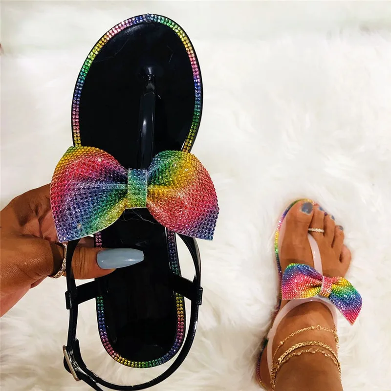 

2020 Top seller - Rome Hot Selling Wedges Summer shoes Rainbow diamond bow big slippers jelly Women sandals Large Size