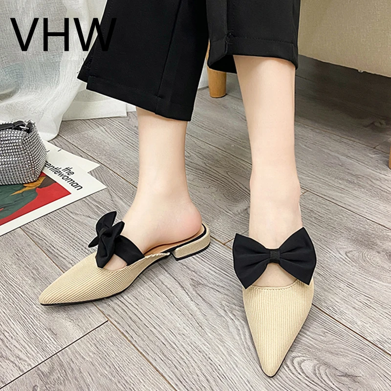 

2021 Summer Women Slippers Fashion Design Bow-knot Low Heels Pointed Toe Mules Shoes Ladies Elegant Slides Women Zapatos De Muje