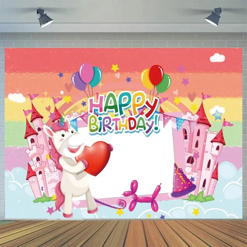 

Happy Birthday Banner Party Backdrops Photo Decor Stand Unicorn Pink Castles Colorful Candy Cake Table Wall Poster Background