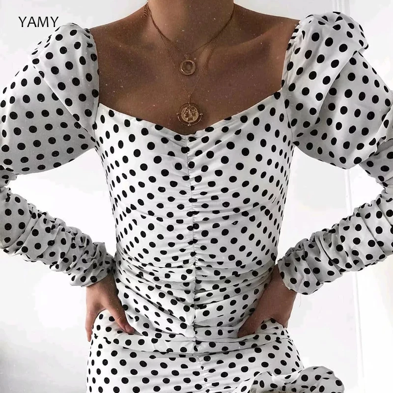 Женские вечерние платья с принтом в горошек облегающие длинными рукавами