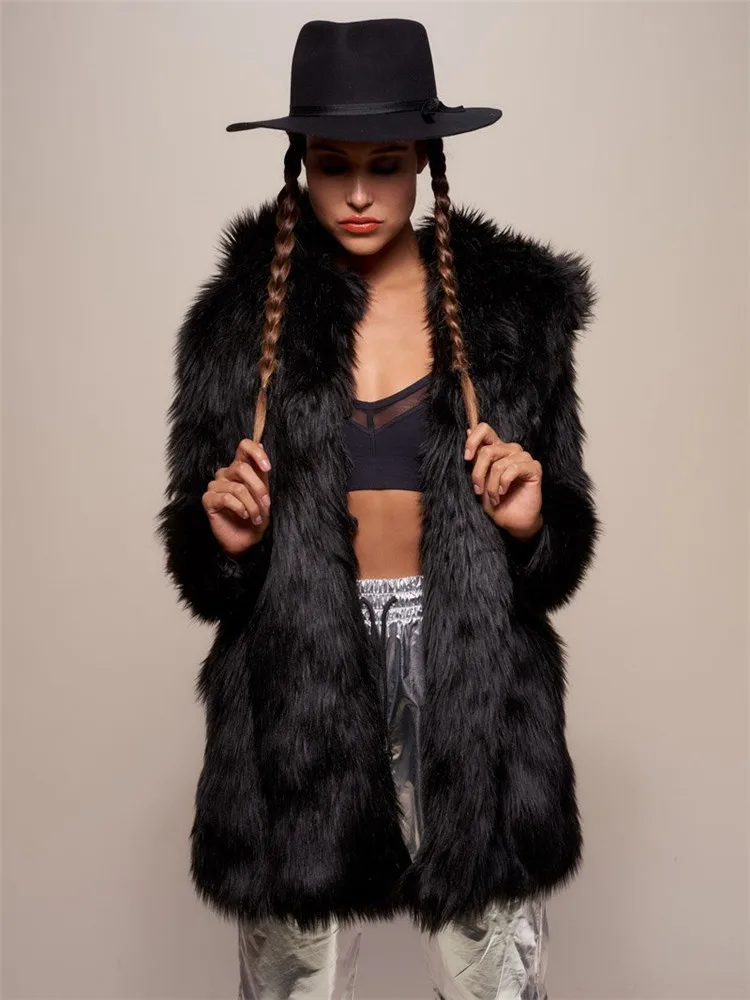 

Mid-length Woman Black Artificial Rabbit Fur Coat Hooded Slimming Reversible Plush Jacket Oversized Coat Female Winter Jacket