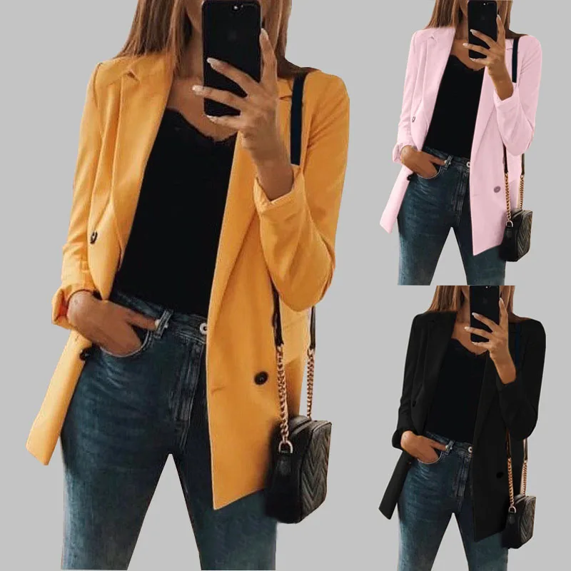 HEFLASHOR модные однотонные женские блейзеры куртки с Winth карманами женские офисные повседневные Костюмы Пальто Feminino блейзеры верхняя одежда