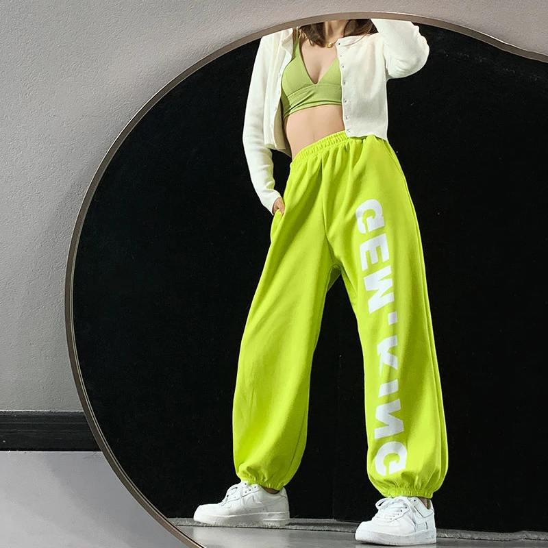 

Square Dance Sweatpants Jazz Dance Costumes Hip-Hop Fluorescent Green Casual Pants Letter Print Pants Street Dance Wear DN9023