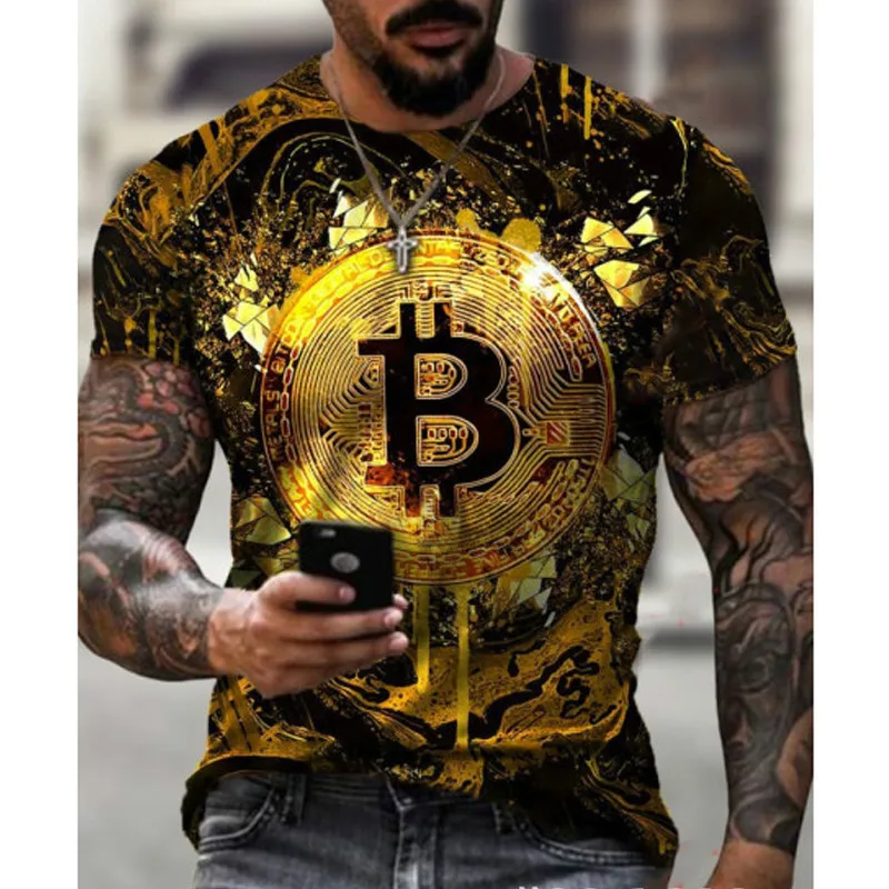 

2021 Hot Sale Men's Short Sleeve Sports T-shirt Big O Neck Loose 3D Bitcoin Printed T-shirt Breathable Casual Workout Set