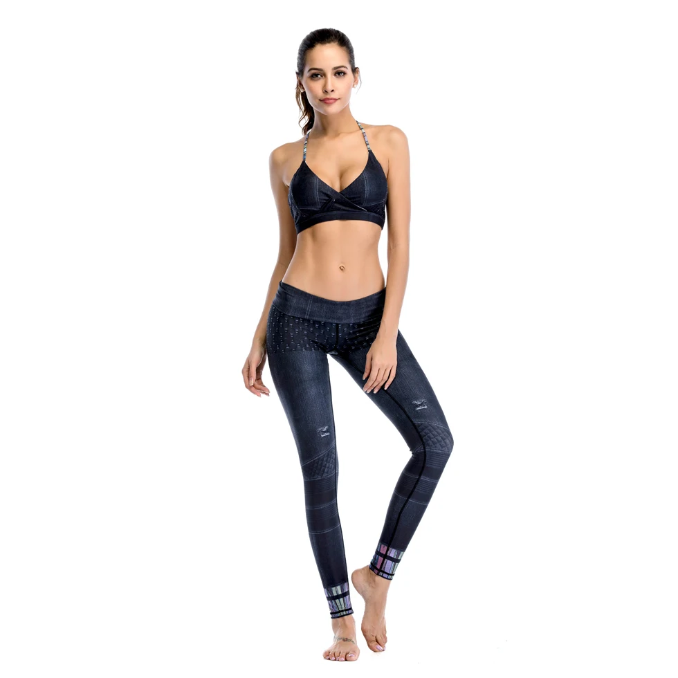Denim Pattern Gym Sport Leggings Women Fitness High Waist Tummy Control Pants Workout Pull Up Skinny Yoga Trousers Femme