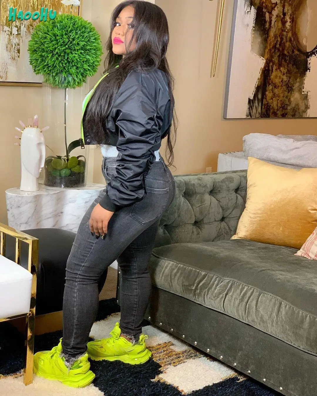 

HAOOHU Coat Winter Warm Neon Long Coat Jacket Green Cropped Women Stacked Size Coat Color Black Plus Sleeves