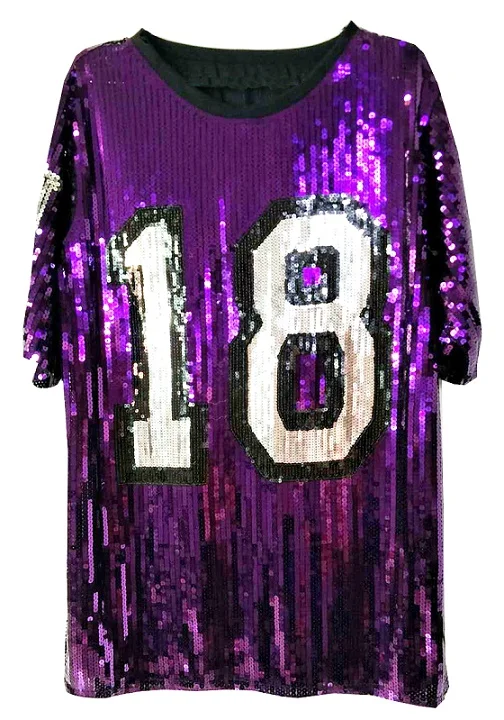 purple Блестящая женская футболка в стиле хип-хоп с коротким рукавом, блестящая футболка, свободная, негабаритная, с номером 18, длинная, трикотажная футболка, топ для танцев, производительность, уличная одежда - Цвет: purple