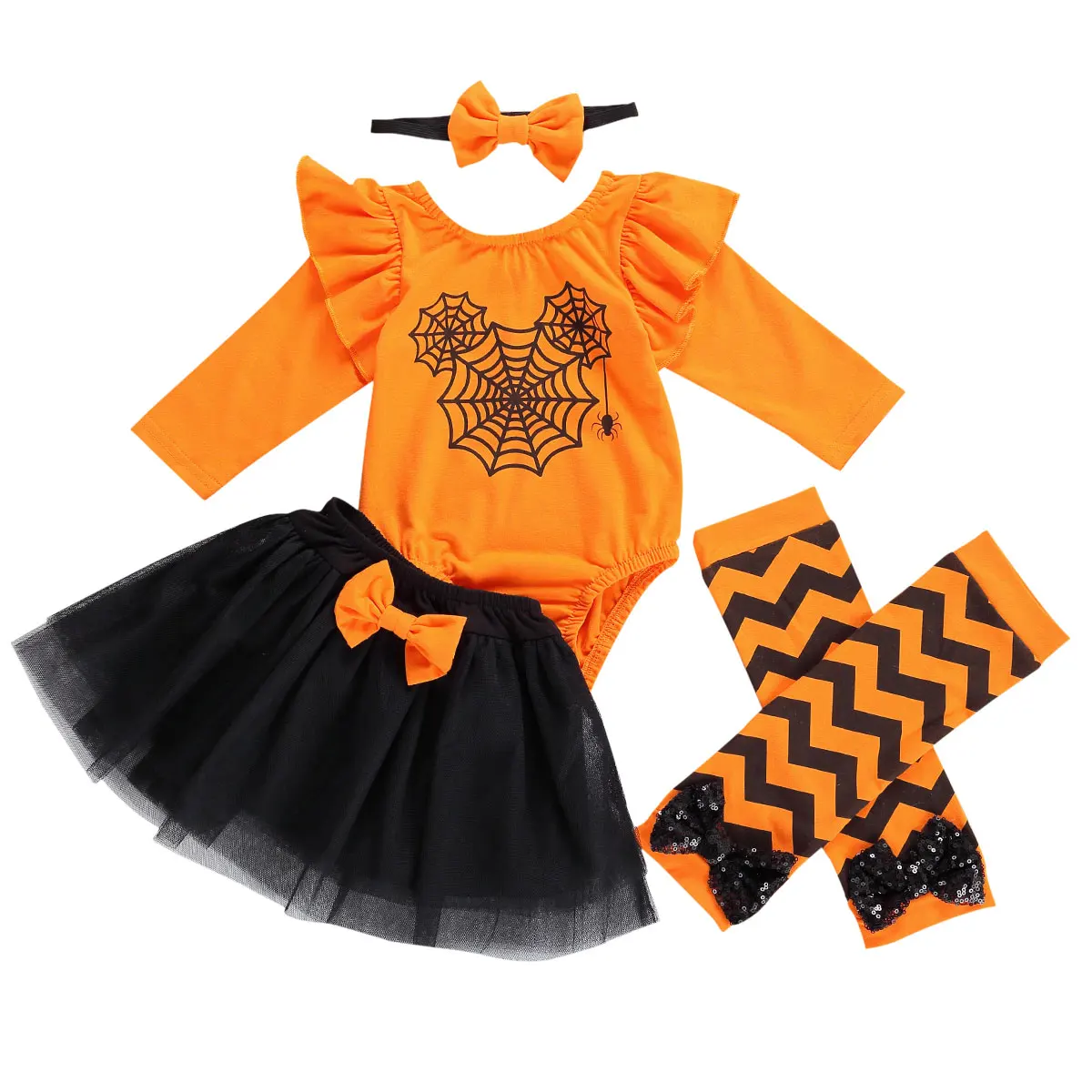 

Baby Girls 0-24M Halloween Clothes Sets 4pcs Long Sleeve Romper Lace Shorts Leg Warms Headband
