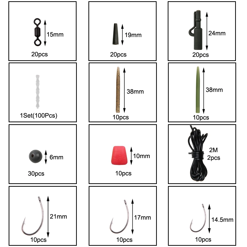 252 шт/коробка снастей для карповой рыбалки, включая защитные рукава от запутывания лески, качающиеся крючки, безопасные грузила, бисер и приманки из кукурузы.