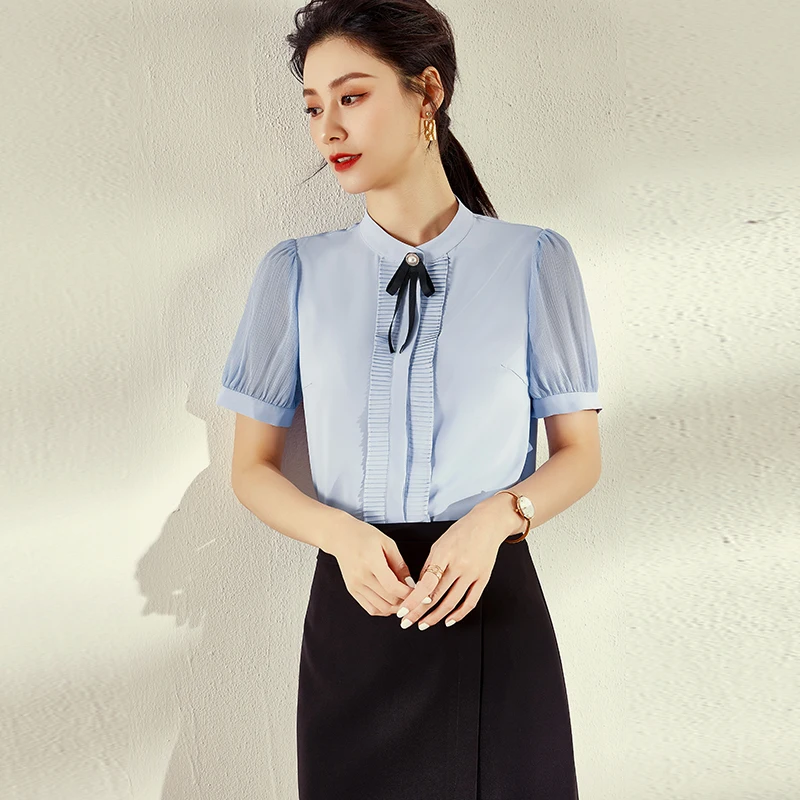 

Рубашка для Для женщин 2021 Новые Летние милый галстук-образным вырезом из шифона с короткими рукавами рубашка изысканный стильный и универс...