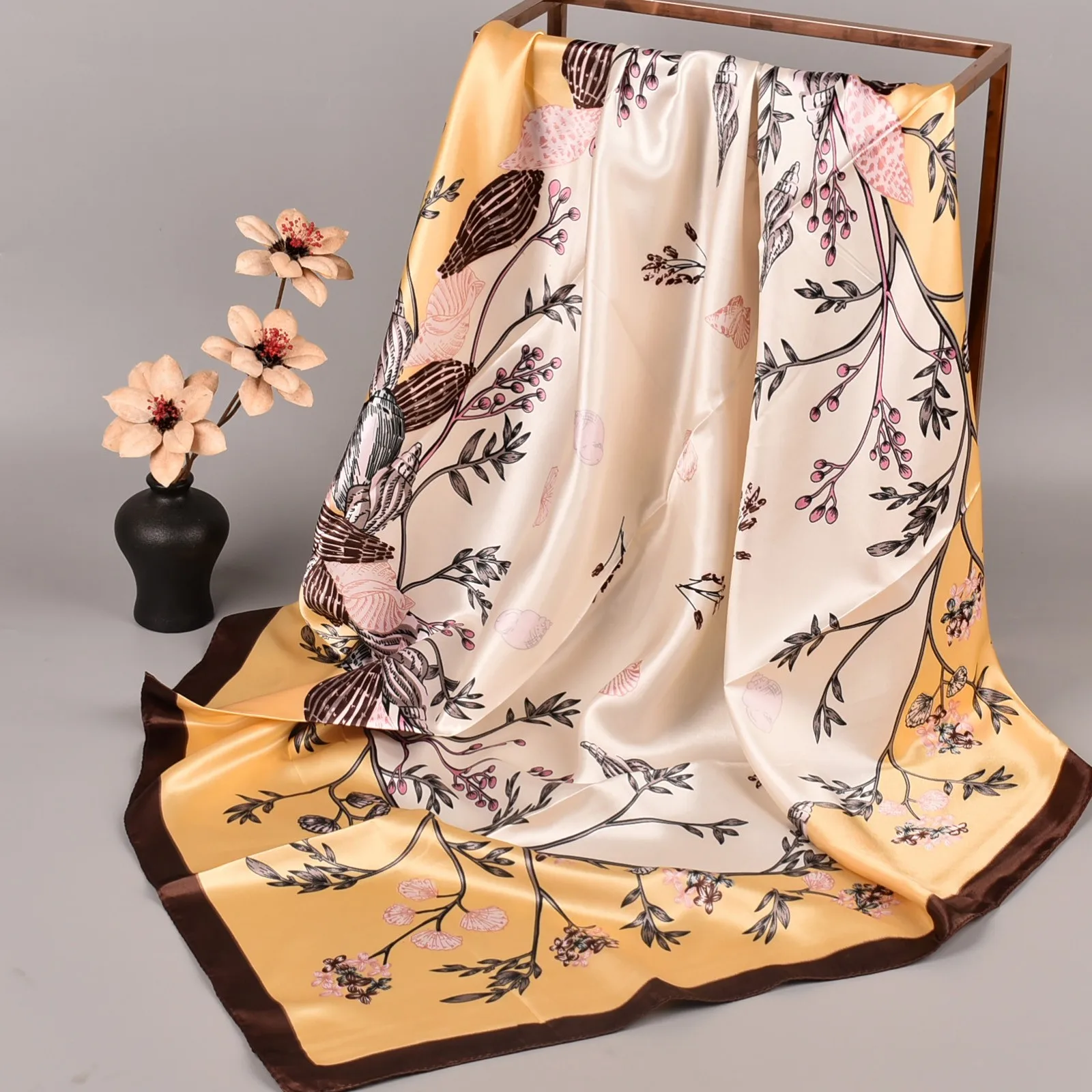 

90*90cm Muslim Square Silk Scarf Women Chiffon Hijab Scarves Female Satin Print Shawls Wrap Hair Head Scarf Bandana Beach Pareo