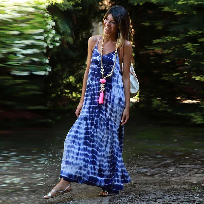 

Summer Women Tie Dye Sleeveless Sexy Dress Spghetti Strap V-neck Loose Waist Long Dresses Casual Holiday Beach Dress